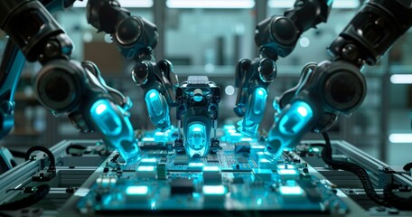 Poster - futuristic robotic arms assembling an electronic circuit board with precision and advanced technolog
