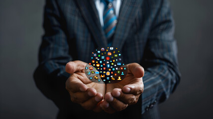 Businessman holding a cloud of social media network icon. Generative AI