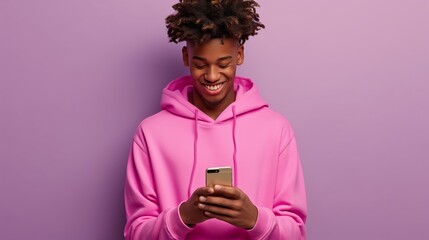 Wall Mural - A young man is smiling while looking at his cell phone. He is wearing a pink hoodie