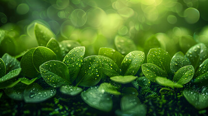 Wall Mural - Vibrant green leaves with dew drops shining in the sunlight.