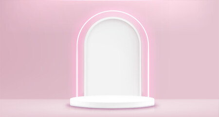 Poster - Round white podium on pink background. Vector realistic illustration of cylinder shape platform, pastel backdrop with arch decoration, cosmetic product presentation showroom, pastel pedestal mockup