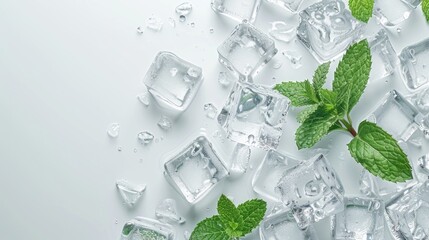Aufkleber - Fresh mint leaves and ice cubes arranged on a clean white surface
