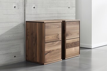 Two wooden cabinets with two drawers each sit in front of a concrete wall. The cabinets are made of a dark, rich wood with a natural grain