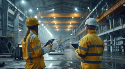 Poster - Industrial workers in safety gear using digital tablets in a factory