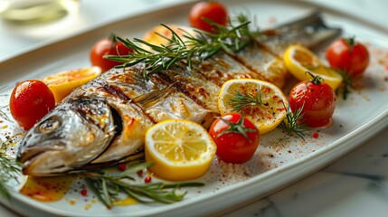 Wall Mural - grilled fish with lemons and tomatoes on a plate.