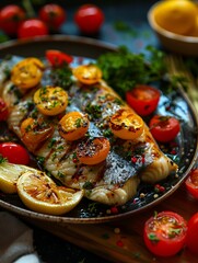 Wall Mural - grilled fish with tomatoes and lemons on a plate.