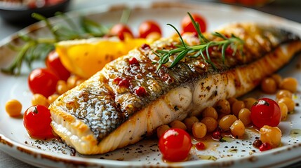 Wall Mural - grilled salmon with tomatoes and chickpeas on a plate.