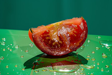 Wall Mural - Fresh Juicy Tomato Slice with Water Droplets Against a Green Background