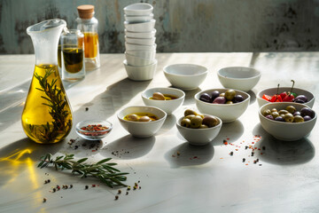 Wall Mural - Assorted Olives and Olive Oil Arrangement on a Rustic Table