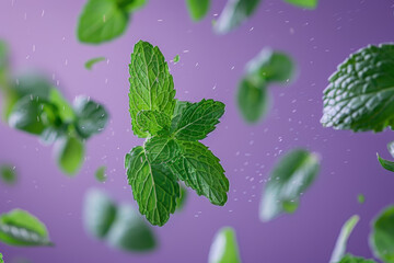 Wall Mural - Floating Fresh Mint Leaves on Purple Background   Vibrant and Refreshing Herb