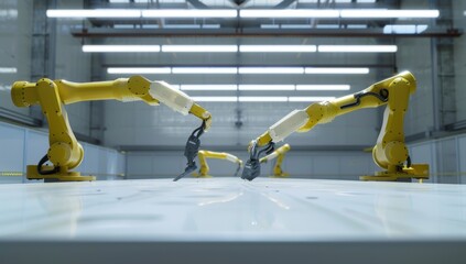 Poster - Three yellow robotic arms in a modern industrial automation setting
