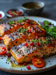 Wall Mural - salmon with pomegranate and herbs on a plate.