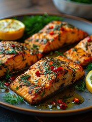 Wall Mural - a plate of salmon with lemon and herbs.