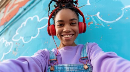 Wall Mural - The woman with red headphones