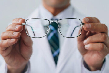 An optical professional holds a pair of glasses