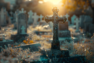 cross in the cemetery, cruise of souls with three steps, wooden cross, spiritual environment