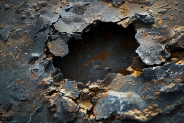 Poster - A close-up shot of a rusty metal surface featuring a hole