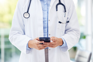 Poster - Doctor, hands and typing with phone for telehealth, communication or news at hospital. Closeup of healthcare or medical employee on mobile smartphone for online chatting, person or app at clinic