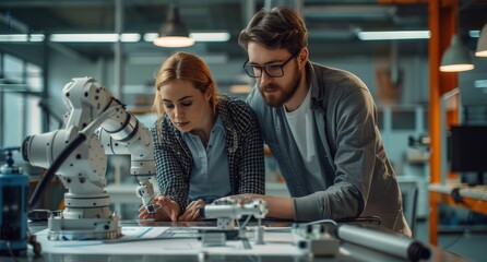 Poster - Engineers working together on robotics project in modern industrial lab
