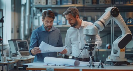 Poster - Two engineers reviewing blueprints in a modern office with advanced robotics equipment