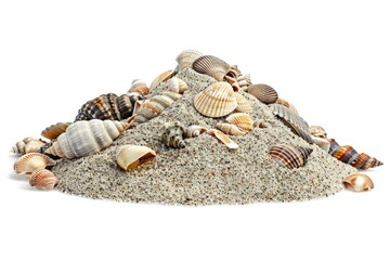 Canvas Print - A collection of sea shells rests on the sandy beach, perfect for use in travel or nature-themed projects