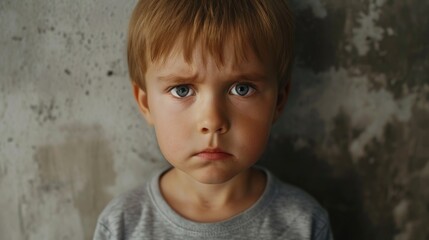 A close-up of a young boy looking unhappy, possibly feeling sad or upset