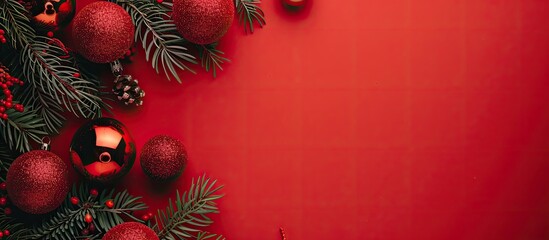 Poster - Top view of a Christmas-themed setup with fir branches, decorative balls, on a red backdrop, providing copy space.