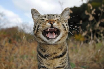 A close-up shot of a domestic cat's face, showing its open mouth