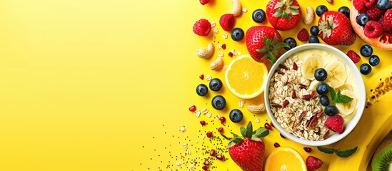 Poster - Top view copy space image displaying a nutritious breakfast for athletes, including fruits, oatmeal, yogurt, nuts, crispbreads, and chia seeds on a yellow background.