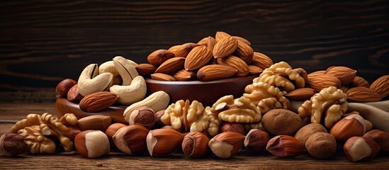 Poster - Assorted nuts like cashews, almonds, and pecans displayed on a wooden table with a blank space for inserting an image.