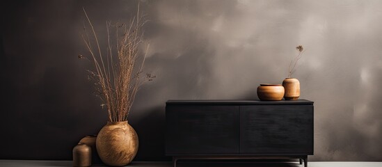 Wall Mural - Minimalistic living room interior featuring a wooden commode, a vase with dried flowers, a candle, black books, personal accessories, and copy space image for home decor template.