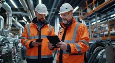 Poster - Two engineers in high-visibility jackets using tablet and smartphone in modern industrial facility