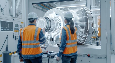 Two engineers in high-visibility vests inspecting a digital turbine model in a modern manufacturing facility