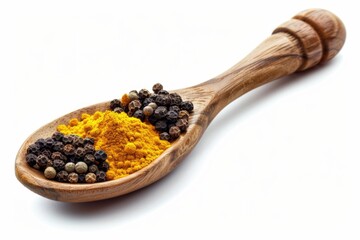 Poster - A wooden spoon filled with spices sits on a white surface, perfect for use in cooking or photography