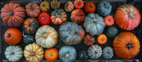 Poster - A variety of pumpkins displayed on a rustic wooden surface for Halloween and autumn harvest, captured from above with a dark background emphasizing copy space image.