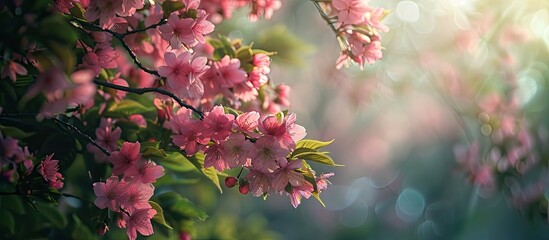 Poster - Springtime brings the enchanting sight of cherry blossoms blooming amidst lush greenery, creating a beautiful natural backdrop with room for a copy space image.