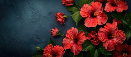 Poster - A bunch of vibrant hibiscus blossoms on a dark backdrop, with ample copy space image and a banner.