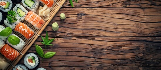 Poster - Wooden table setting with appetizing sushi rolls arranged as a flat lay composition, ideal for adding text in the copy space image.