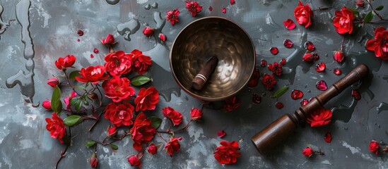 Sticker - Above view of a Tibetan singing bowl placed on a gray table with water, lovely rose flowers, and a mallet, creating a serene copy space image.