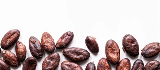 Poster - Top view of raw cacao beans isolated on white background with clipping path for copy space image.