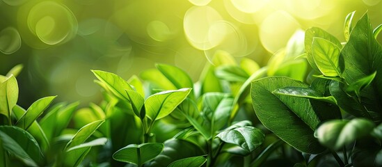 Poster - Lush green leaves against a green backdrop provide a beautiful natural scene in a garden with copy space image.