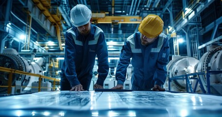 Poster - Industrial engineers discussing blueprints in a modern manufacturing facility