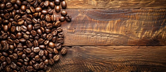Poster - Wooden background with coffee beans; includes copy space image.