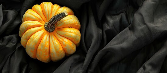 Poster - Colorful ripe pumpkin viewed from above on black fabric with copy space image.