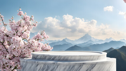 A white marble pedestal with a cherry blossom tree in the foreground