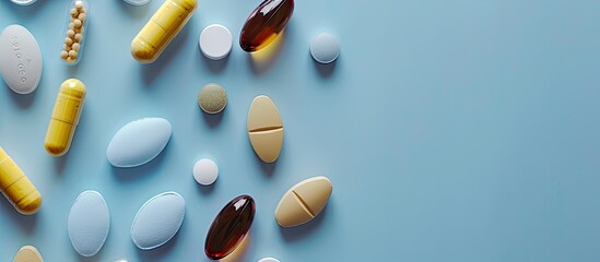 Poster - Various pills, vitamins, and capsules of different shapes and packaging displayed closely on a blue background with selective focus for a copy space image.