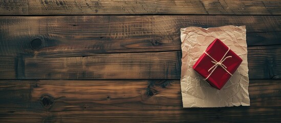 Aufkleber - Wooden table with a red gift on a sheet of paper, copy space image.