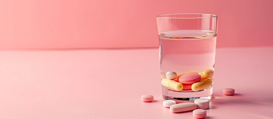 Poster - Blister pack with medical pills, tablets, and vitamins placed next to a water glass on a pink background with plenty of copy space image.