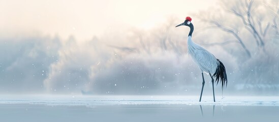 Sticker - Observing a red-crowned crane in a wintry setting with a copy space image.