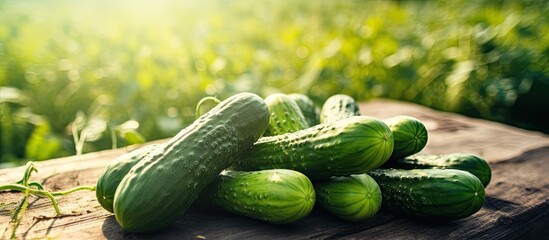 Aufkleber - Organic cucumber from a farmer's fresh harvest, cultivated naturally without chemicals, embodying the organic farming concept, displayed in a selective focus copy space image.